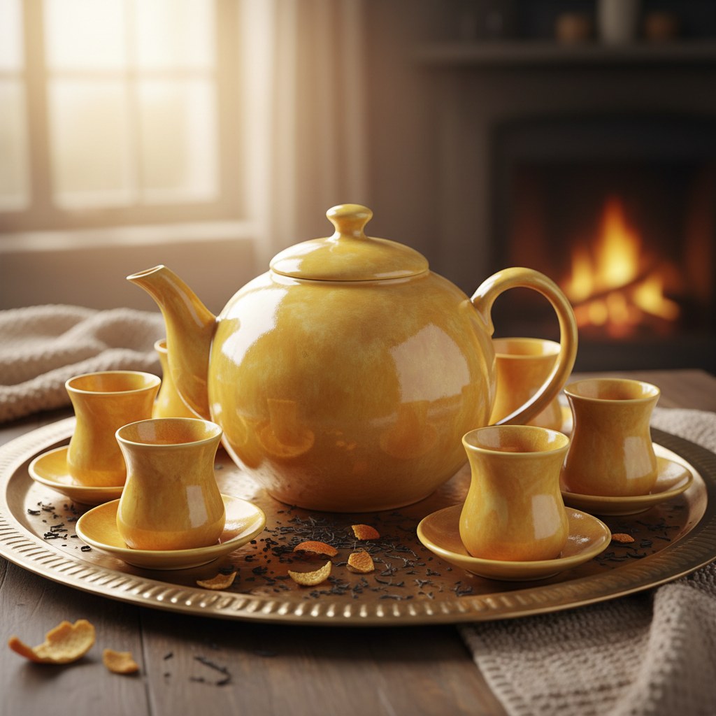 Bal sarısı çay seti — demlik ve fincanlar